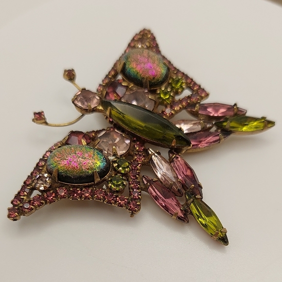 Vintage Butterfly Brooch Mid Century Multicolor Glass Crystals - Picture 4 of 16